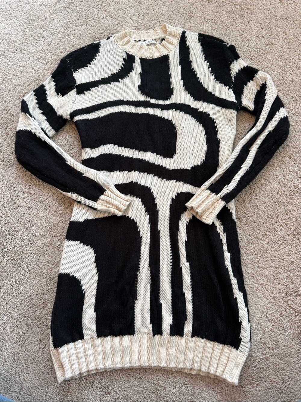 12th Tribe Black & Cream Abstract Crewneck Sweater Dress S